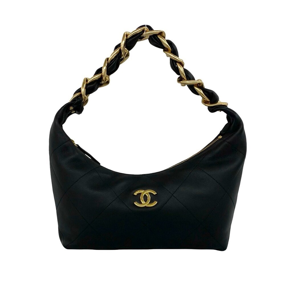 CHANEL Hobo Bag, Coco Mark, Leather, Genuine Semi-One Shoulder Handbag, Black...